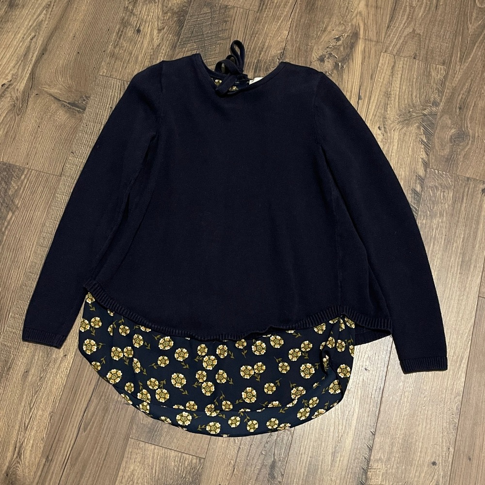 Loft Navy Blue Floral Layered Mixed Media Split Tie Back Sweater Top XS
